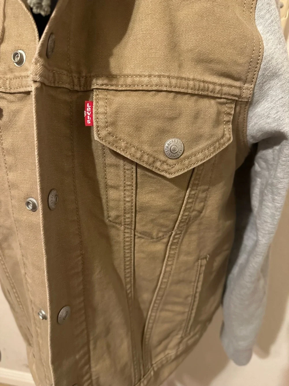 Levi's®Hybrid Tigers Eye Hoodie Jacket Tan Canvas with Gray Hoodie Sleeves. Sz S - Picture 6 of 16